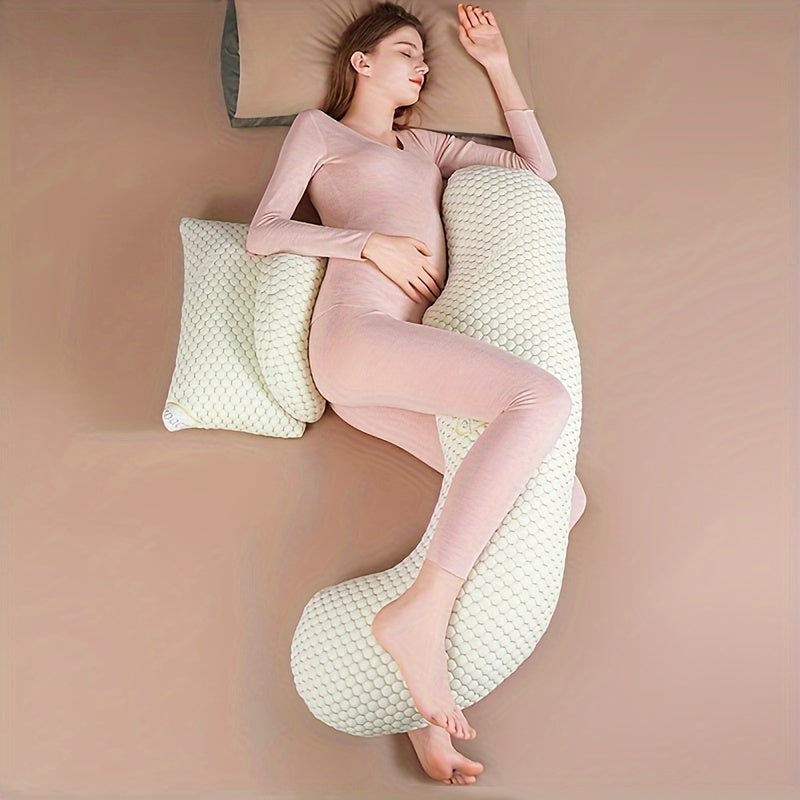 Soft maternity pillow for belly and waist support, designed for side sleeping and overall pregnancy comfort, perfect as a gift for special occasions like Christmas, Halloween, Thanksgiving, Easter, and New Year.