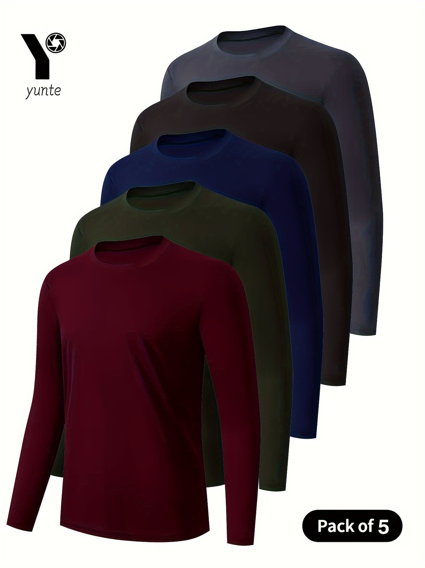 5-Pack Men's Athletic Long Sleeve Crew Neck Shirts in Deep Red, Military Green, Navy, Black, and Grey. Made of Quick-Dry Polyester Knit Fabric for Running, Workout, and Dining. Regular Fit