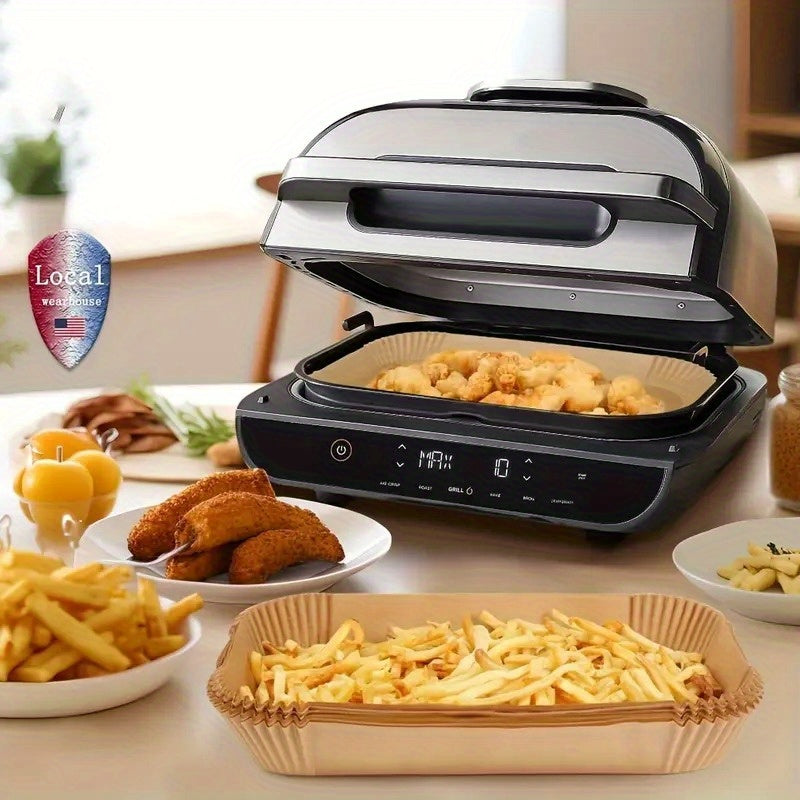 Nonstick Air Fryer Liner Set - Includes 100 pieces of 200 square paper trays. These high-temperature oilproof liners are food contact safe and require no electricity. Perfect for baking and cooking, they feature an oil dot drip paper pad for easy cleanup.