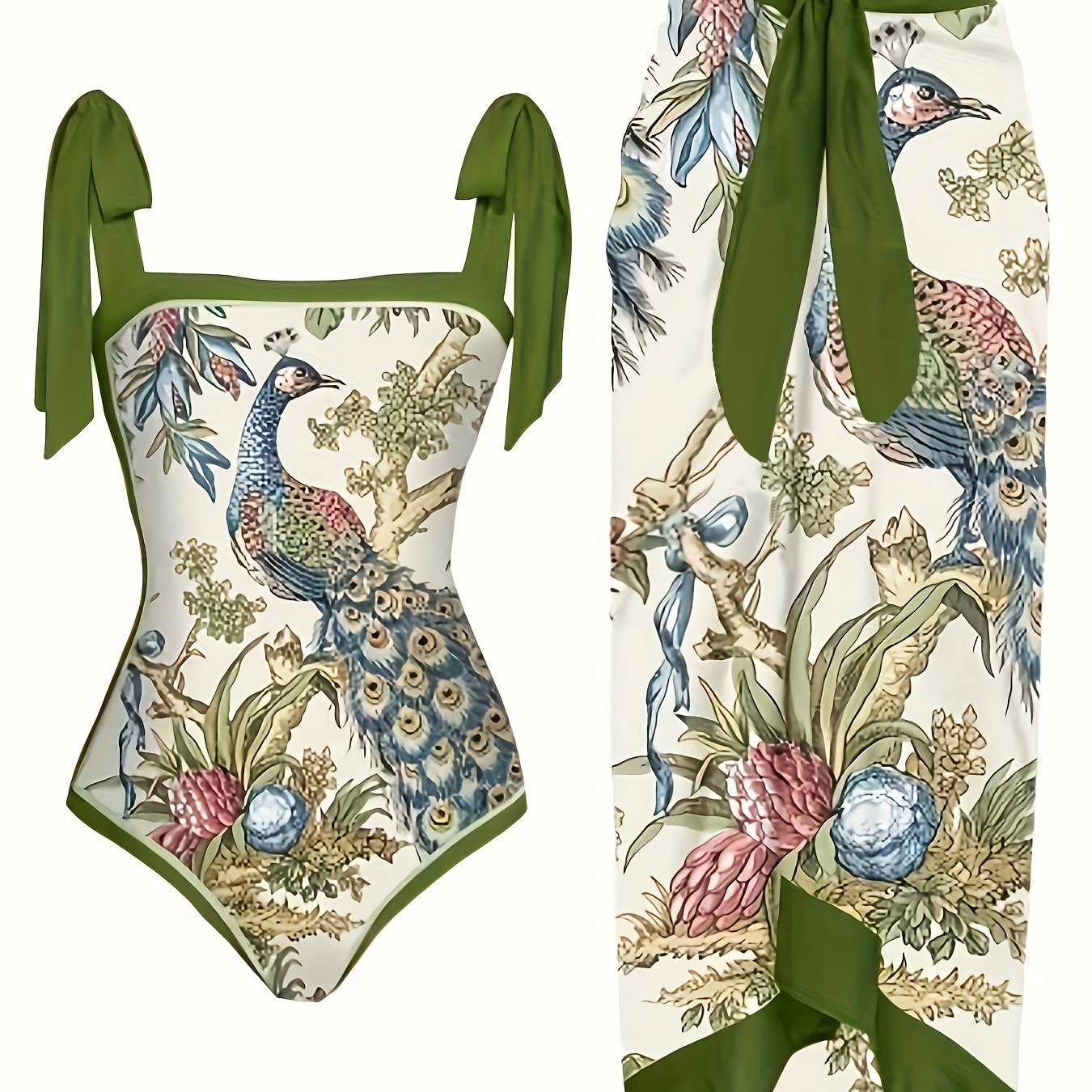 Two piece swimsuits with bird and floral print, tummy control one-piece bathing suit with bow tie shoulder straps, cover up skirt, swimwear and clothing for women.