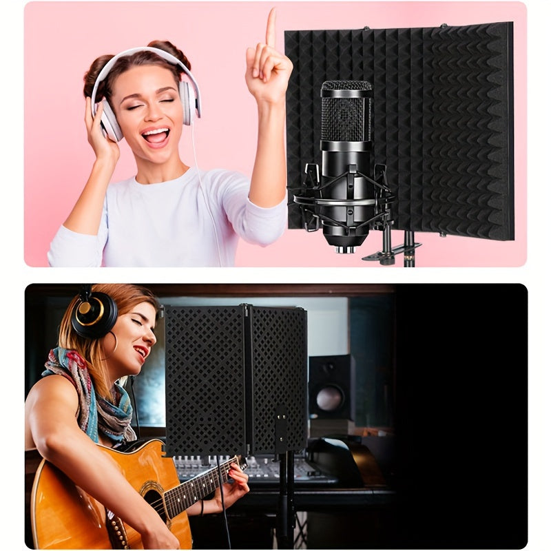 High-density foam sound absorption screen reduces noise for clear vocal recording with condenser microphones.