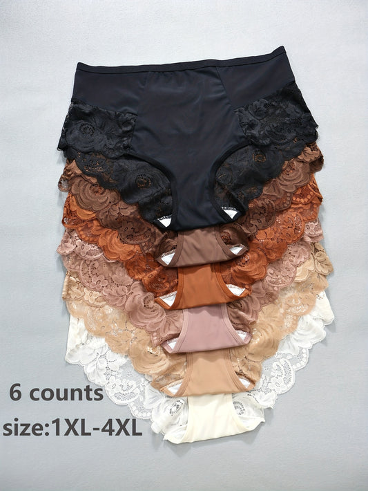 6pcs Women's Breathable Triangle Panties in Melard and Dark Colors with Sexy Lace, Large Size for Autumn and Winter