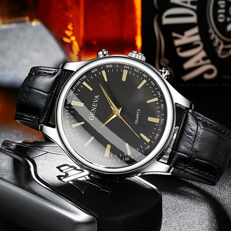 Men's quartz wrist watch with alloy case and faux leather strap. Features round dial, anti-seismic design, and button battery for fashionable business wear.