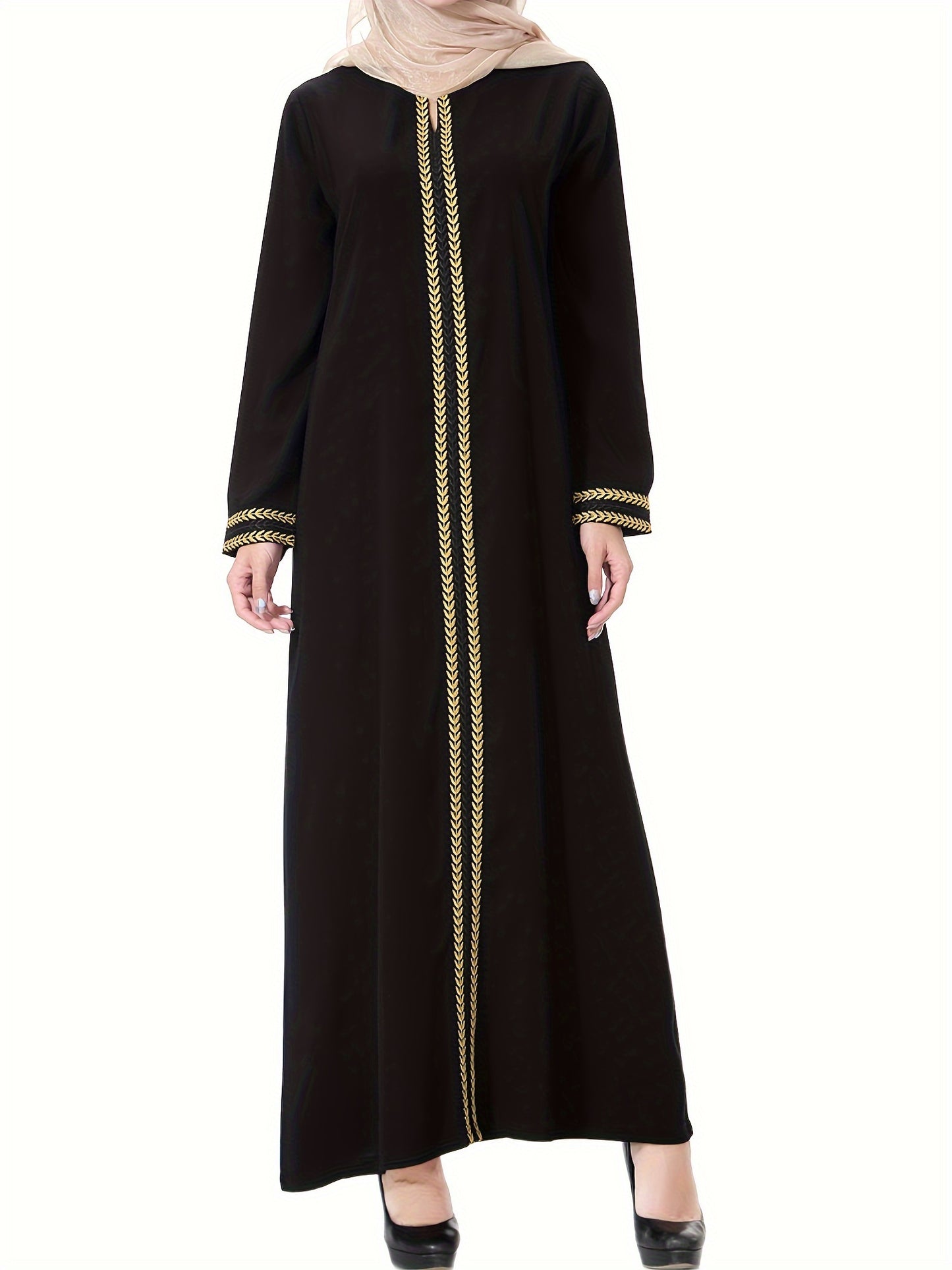 Ramadan Modest Dress with Golden Trim and Long Sleeves