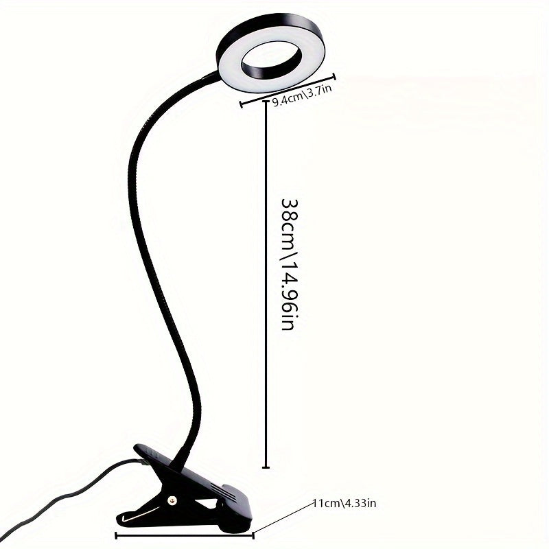 Study lamp with LED lights designed for eye protection, ideal for students learning to read or for use during manicures, facials, tattooing, eyebrow embroidery, and taking selfies. Includes a magnifying glass and can be clipped onto a desktop for