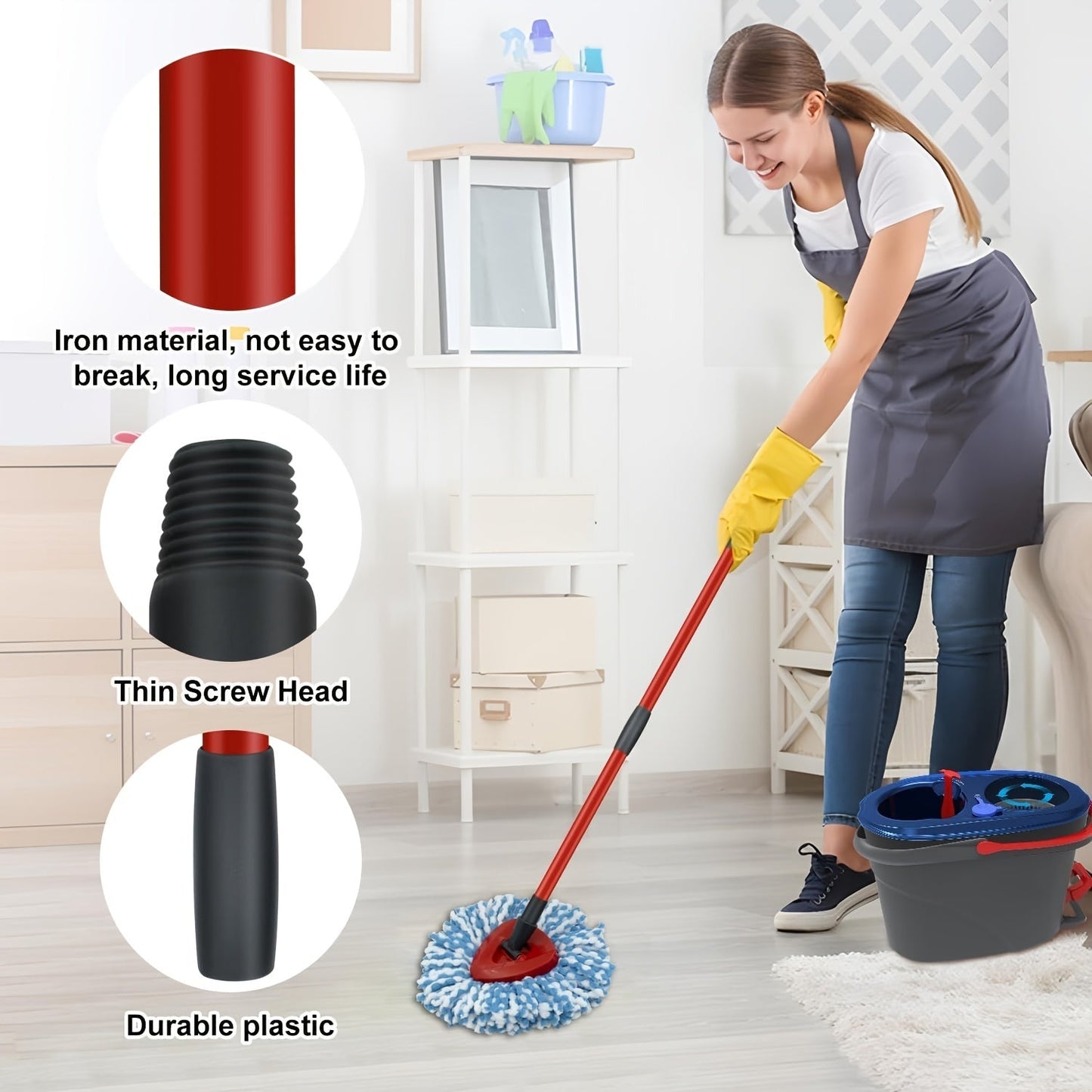 Get two pieces of Microfiber Spin Mop Refill Set with a sturdy 4-Section Iron Handle, compatible with O-Cedar EasyWring & RinseClean 2-Tank Systems. The handle is adjustable from 76.2cm to 147.32cm for effective floor cleaning.