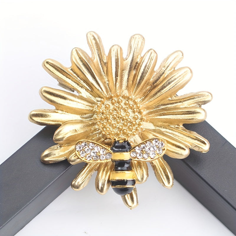 Elegant bee and sunflower rhinestone brooch for women, a stylish fashion accessory.