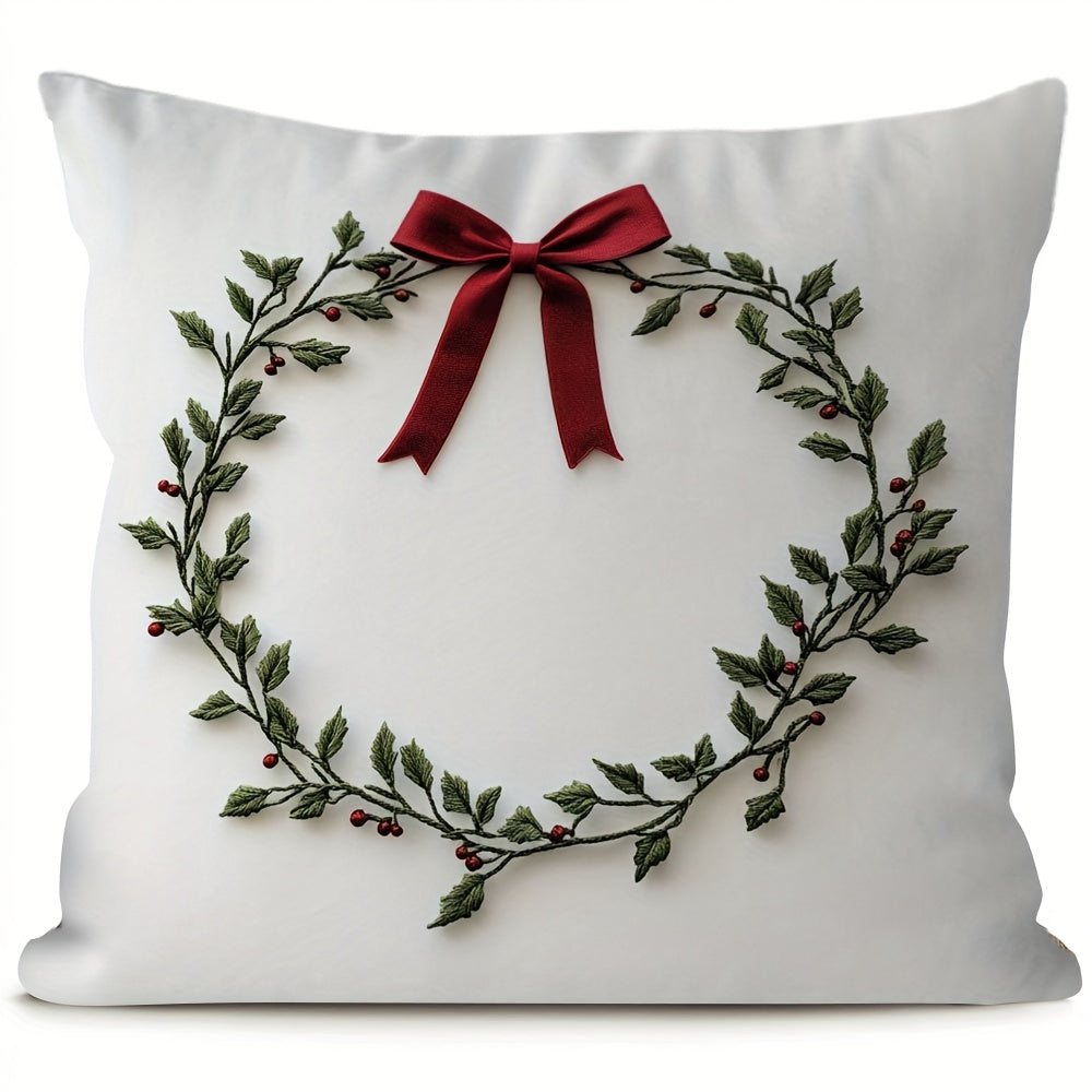 Embroidered Mistletoe Wreath Pillow Cover, made of 100% Polyester. Features Square Zippered Cushion Case, Double-Sided Short Plush. Machine Washable. Perfect for Christmas & Easter Decor. Suitable for age 14 and up. Pillow not included.