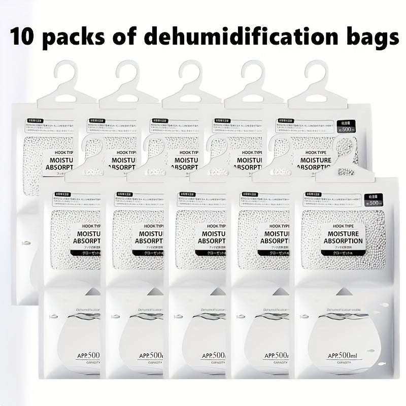 Ten large dehumidifier bags for effective moisture absorption in closets and homes, breathable and mildew-resistant, no electricity needed, eliminates excess moisture, compatible with air purifiers.