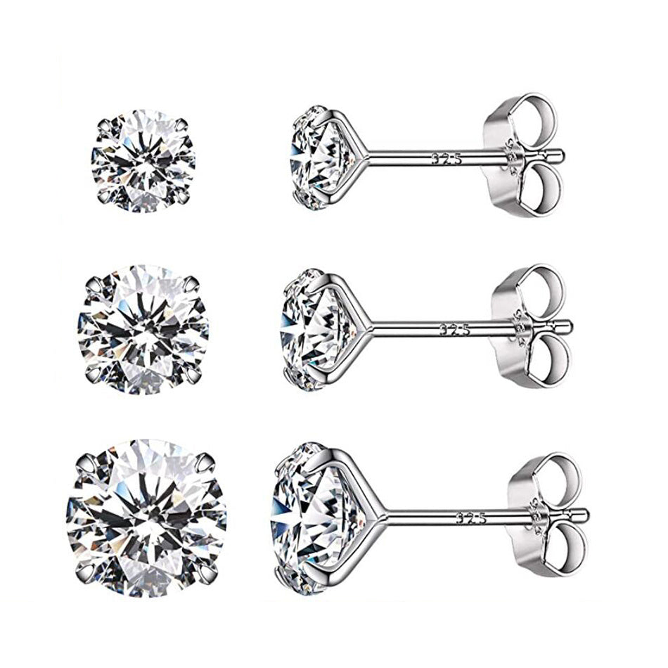 Set of three pairs of stud earrings in 925 silver for women, in sizes 4mm, 5mm, and 6mm.