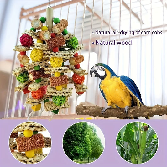 Colorful wooden swing toy with bell for small birds such as budgies, conures, lovebirds, and finches.