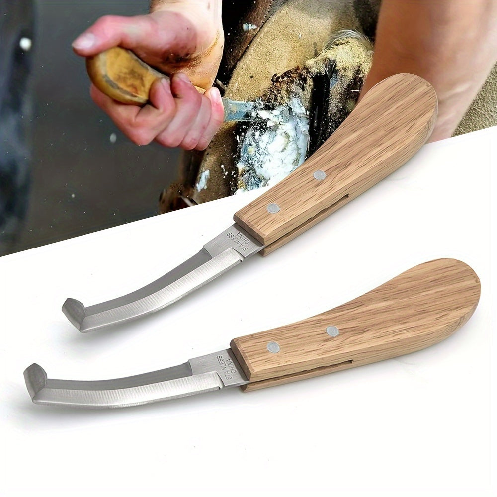 Hoof knife set with right-handed double-sided blade and rubber wooden handle, available in 2-piece or 3-piece sets.