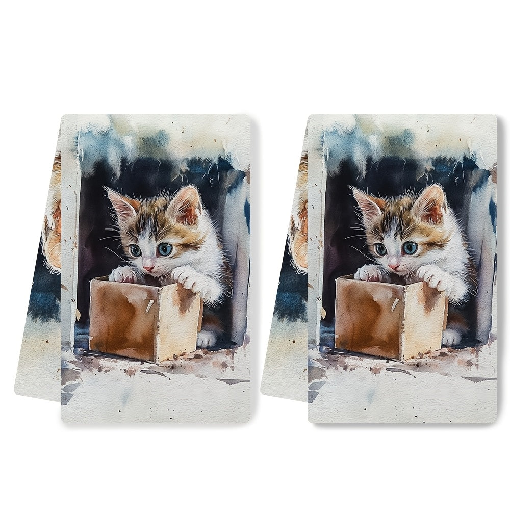 Description: Enhance your kitchen decor with this set of 2 ultra soft kitchen towels featuring an adorable kitten in a box design. These towels are highly absorbent and machine washable, making them perfect for everyday use. The contemporary coastal