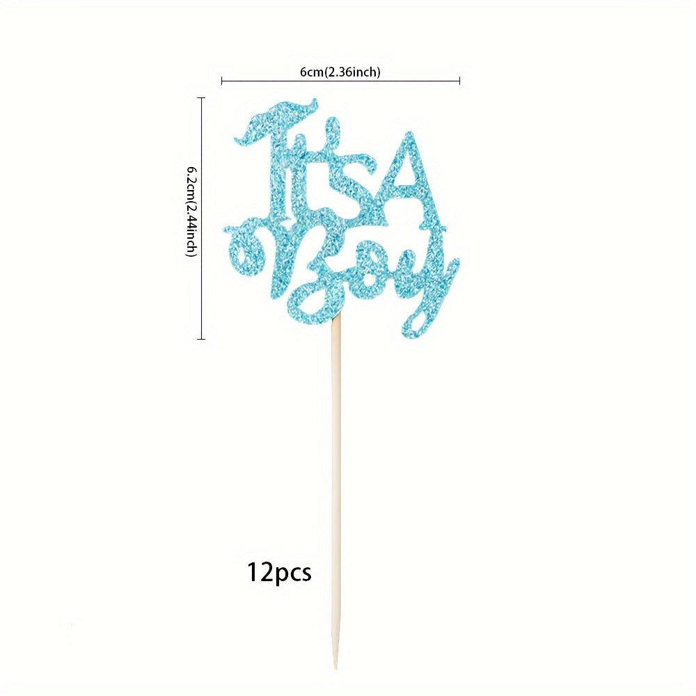 12 "It's A Boy!" cupcake toppers made of bamboo, no electricity required, ideal for birthday and party decor.