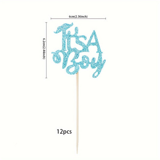 12 "It's A Boy!" cupcake toppers made of bamboo, no electricity required, ideal for birthday and party decor.