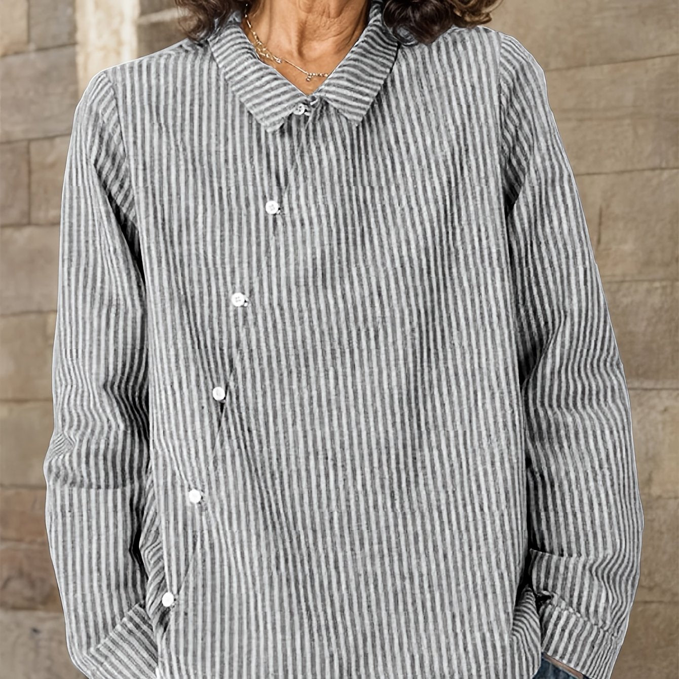 Casual striped cotton shirt for women with lapel collar, loose fit, and button front. Perfect for all seasons.