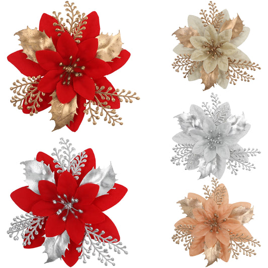 12 shiny artificial poinsettia flowers, red and golden Christmas tree wreath for weddings and parties - perfect for holiday celebrations.