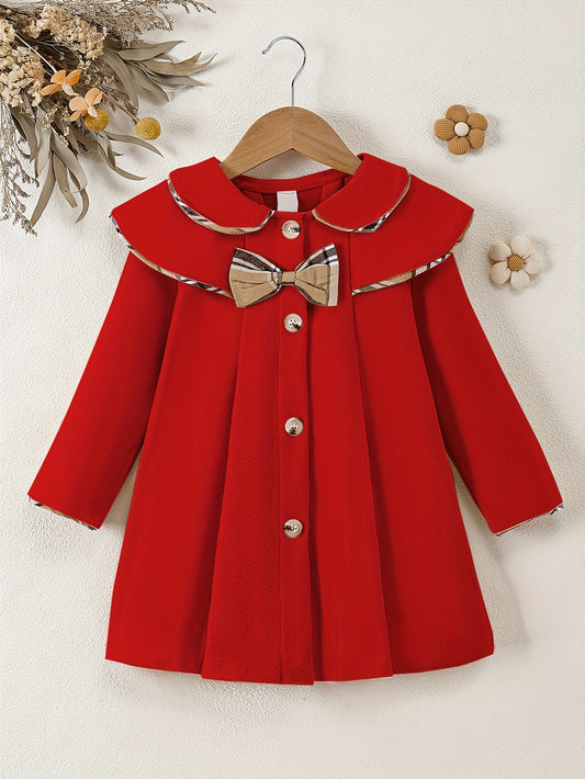 Chic Girls' Red Long-Sleeve Fleece Coat with Bow Detail has a casual round neck, button front, and is machine washable. Perfect for autumn/winter outerwear.