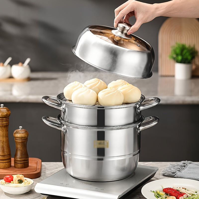 High-Quality Stainless Steel Multi-Layer Steamer with Generous Capacity and Transparent Lid - Ideal for Autumn Cooking and Dining Experience