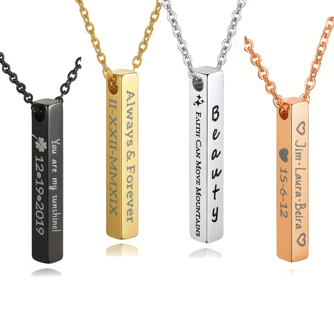 Customized Engraved Name Necklace - 3D Square Pendant available in Silvery, Golden, Rose Golden, and Black Stainless Steel. A sleek and stylish accessory perfect for women's daily wear or as a thoughtful gift. Personalized just for you, this necklace is