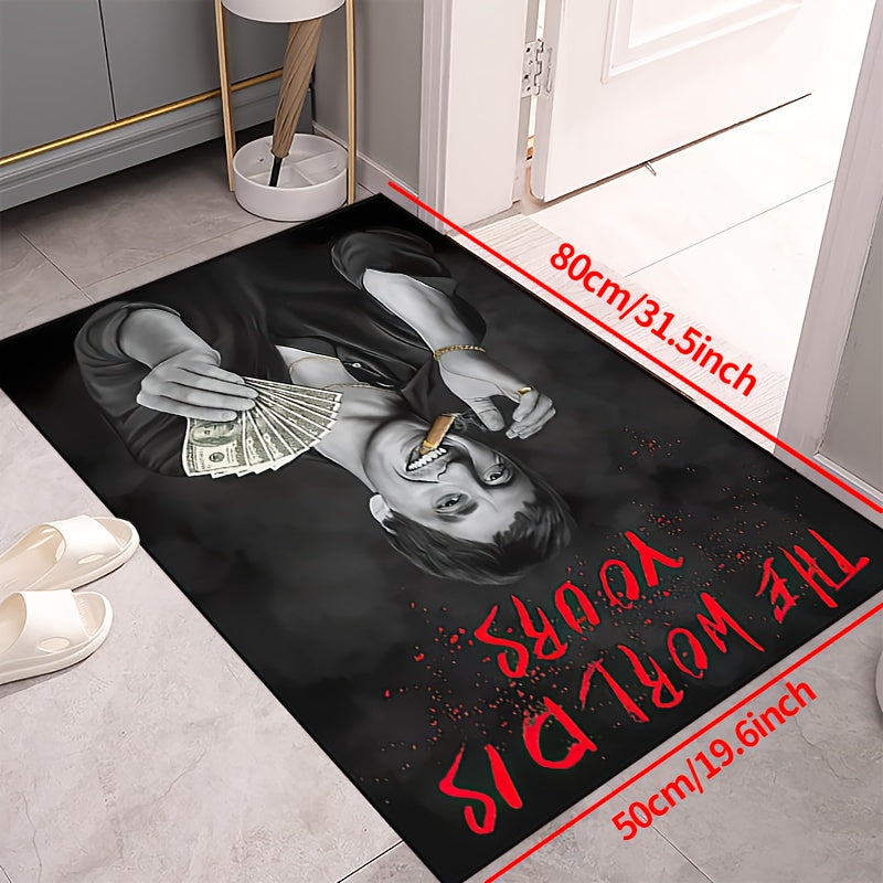 Machine washable polyester area rug featuring a dark gray 'The World is Yours' motif. This non-slip rectangular floor mat is perfect for indoor use in rooms such as the hallway, living room, bedroom, entryway, patio, or garden. Available in multiple