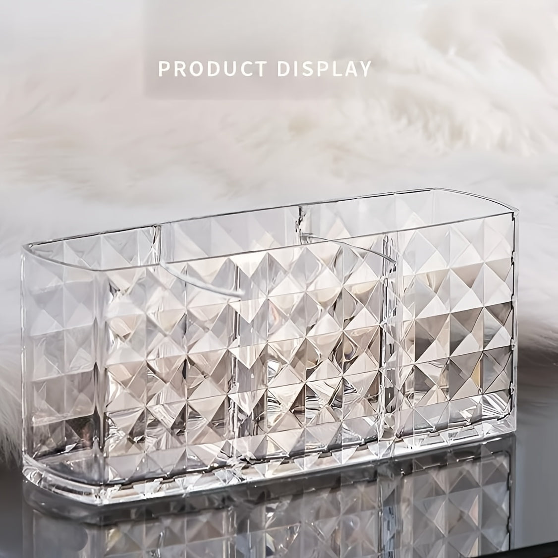 3-compartment clear makeup organizer made of polished acrylic; lightweight and hypoallergenic; perfect for storing brushes, eyebrow pencils, and lipsticks. No installation required.