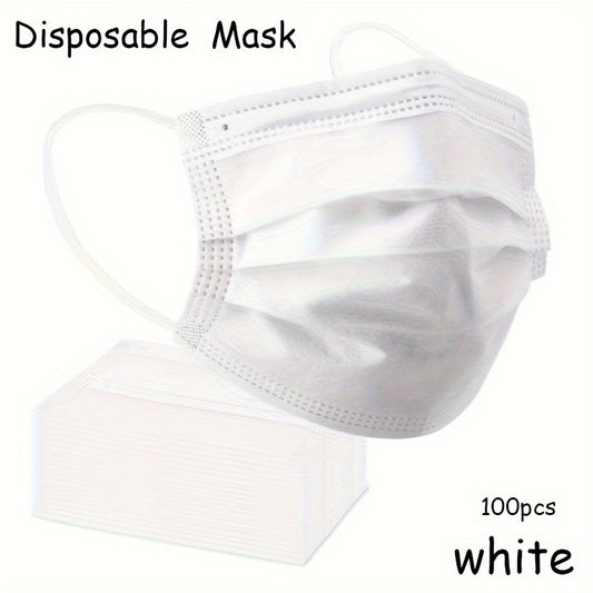 100 white disposable face masks for adults with adjustable ear loops and secure fit nose pad. Ideal for home and office use, hypoallergenic and breathable material.