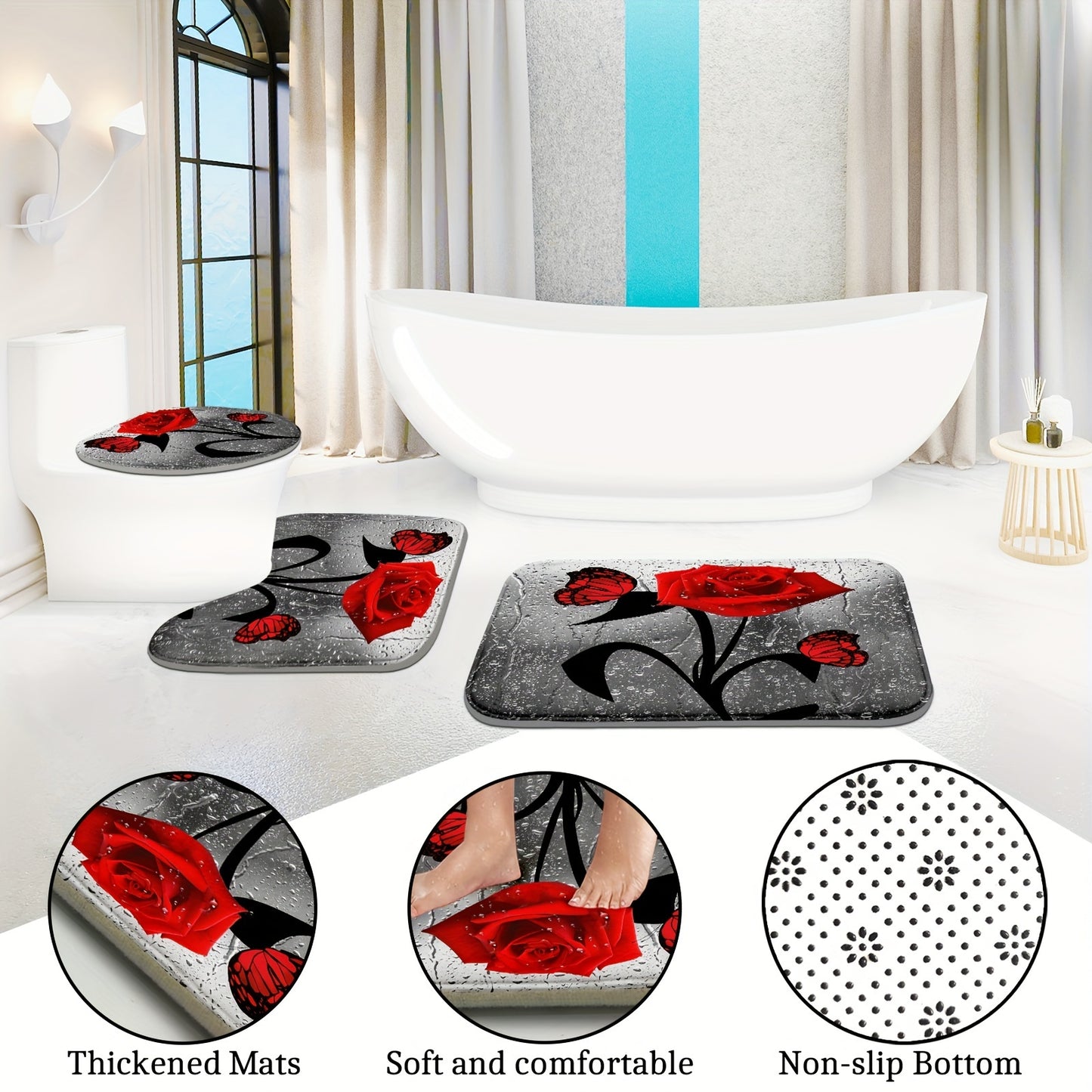 Water drop rose printed shower curtain set with hooks, non-slip mat, toilet lid mat, U-shape mat, and bathtub partition, a complete bathroom accessory set for home decor.