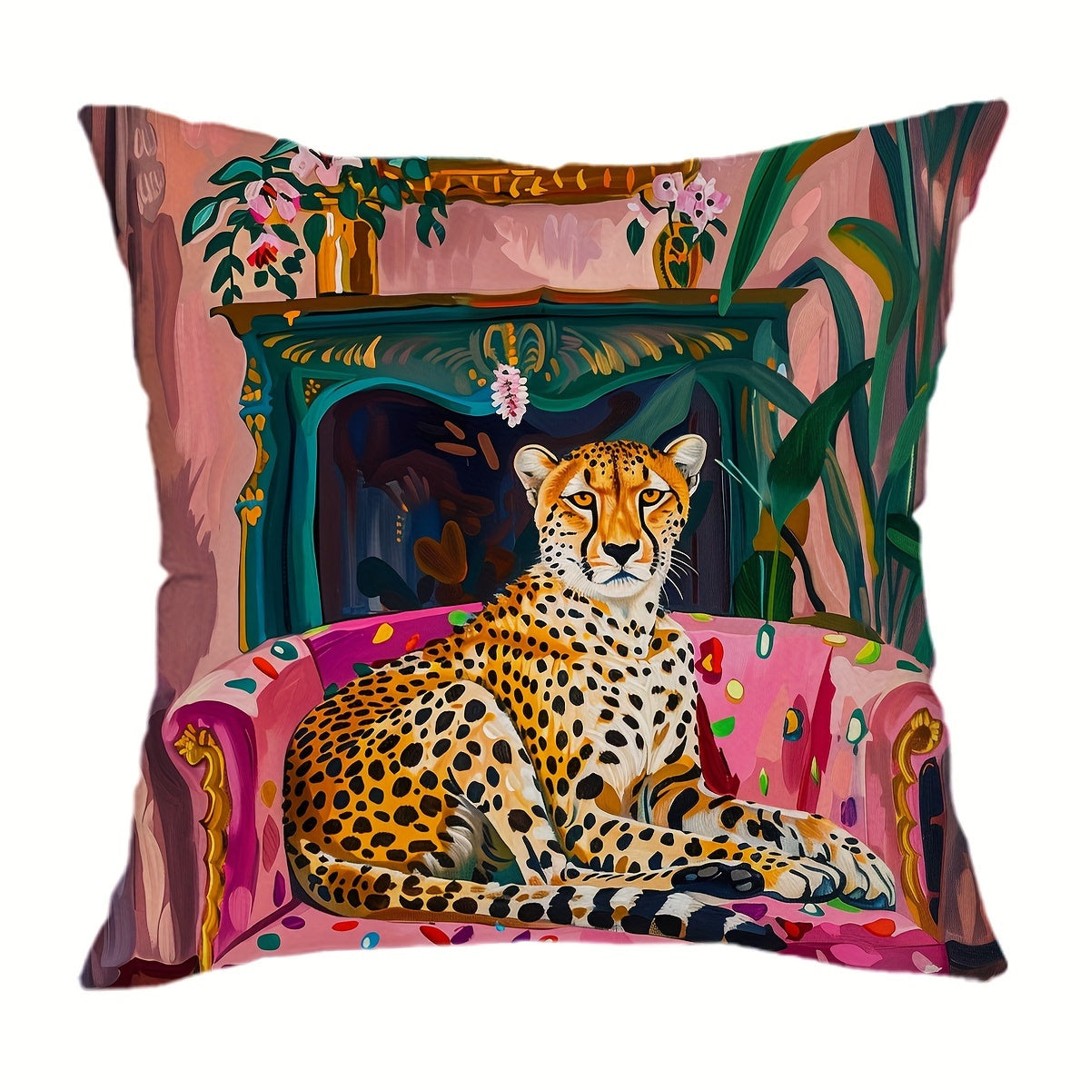 1pc Cheetah Plant Throw Pillow Cover in Fauvism style, 29.97cm*50.04cm or 44.96cm*44.96cm, Farmhouse decorations for home, couch, sofa, living room, bedroom. Pillow insert not included.