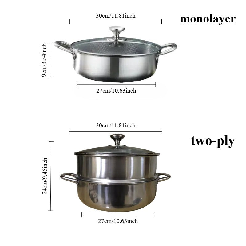 Large capacity stainless steel stockpot with honeycomb design, non-coated and non-stick, ideal for use as a double boiler or universal hot pot on induction cookers.