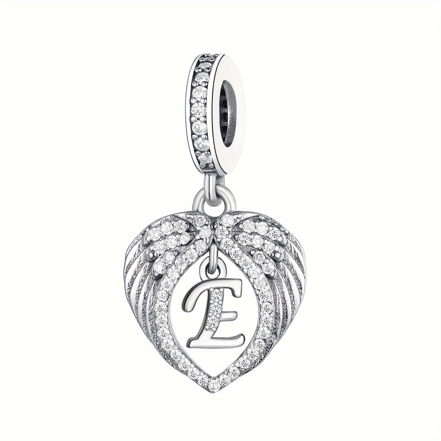 925 Sterling Silver Heart-shaped Wing Pendant with Synthetic Zircon Letter Pattern for DIY Jewelry Making, Perfect Gift Idea