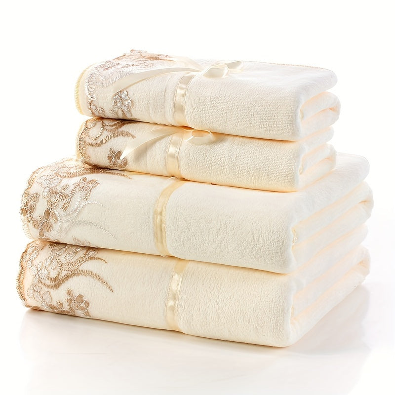 4-piece lace embroidery towel set includes 2 bath towels and 2 hand towels. Soft and absorbent, perfect for bathrooms.