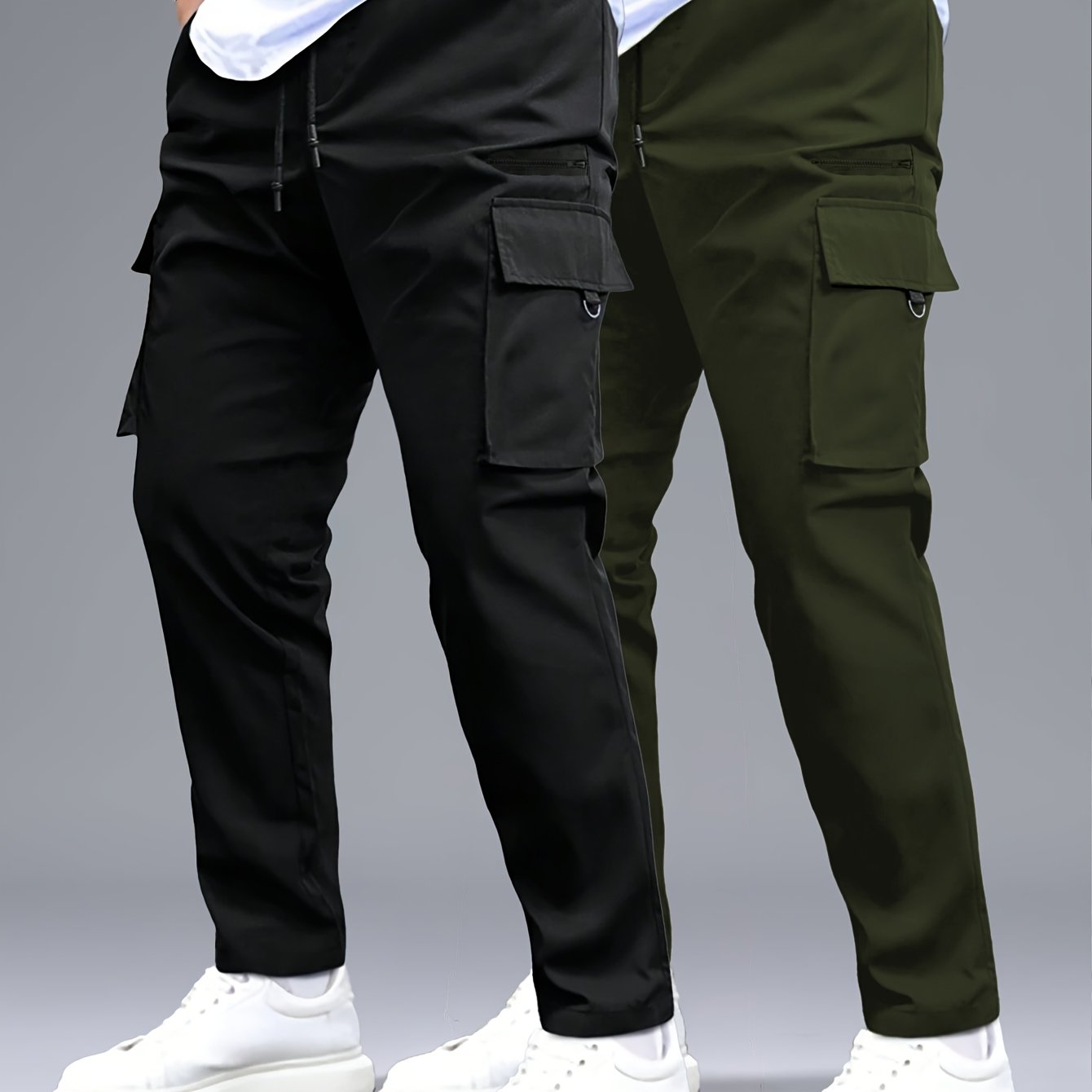 2 men's cargo pants in black and gray with drawstring waist, multiple pockets, made of durable polyester. Perfect for outdoor activities and casual wear.