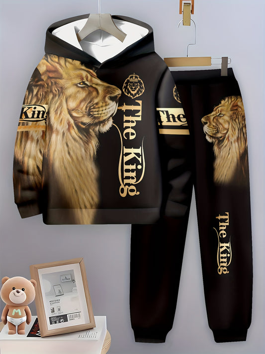 Boys' 3D Lion Print Hoodie & Joggers Set - Casual, comfy polyester outfit perfect for outdoor activities in spring/fall.