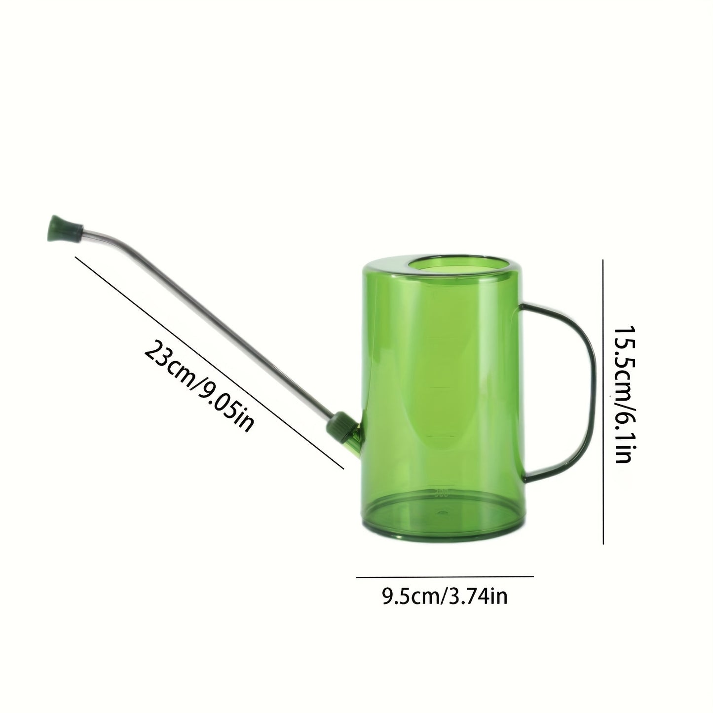 Long-spouted plastic watering can for indoor and outdoor plants.