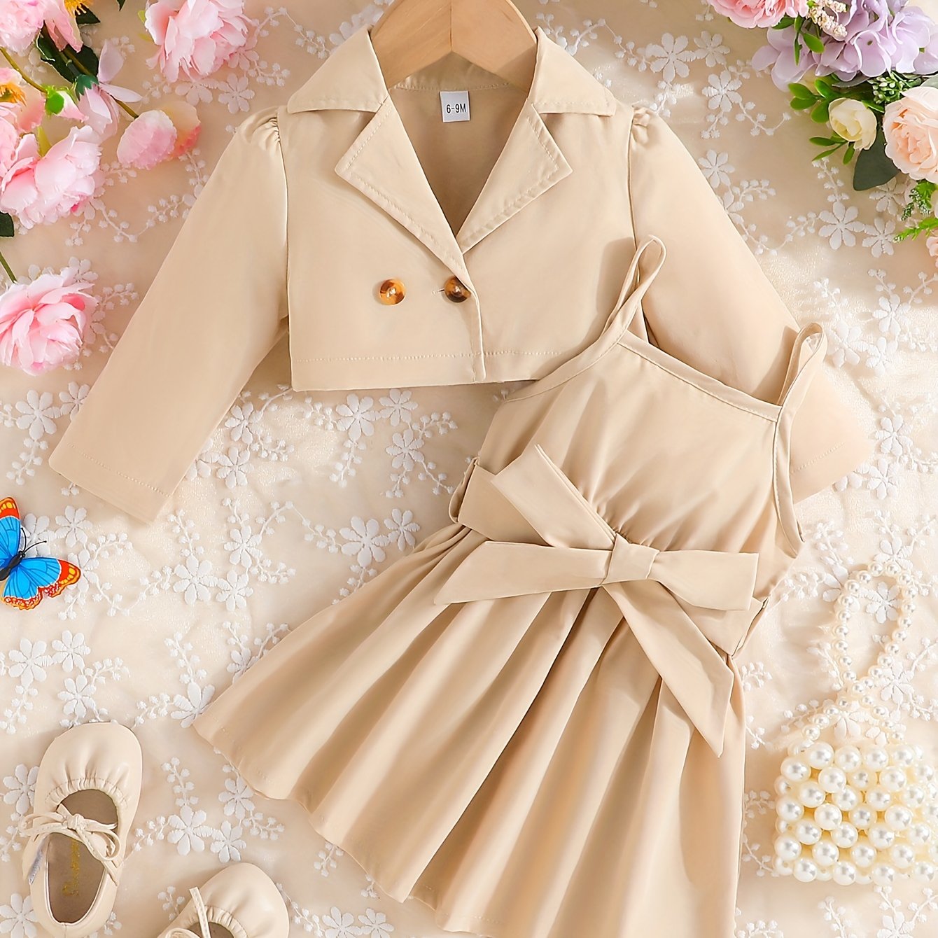 Baby girls' coat and skirt set with long sleeves, lapel collar, buttons, bow, and suspender skirt for outdoor wear.