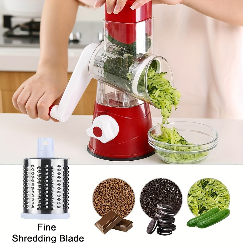 3-in-1 manual food grater set with 3 replaceable blades for cheese, vegetables, and fruit. Large tabletop drum for easy slicing. Rotary grater for easy cleaning and grinding of fruits