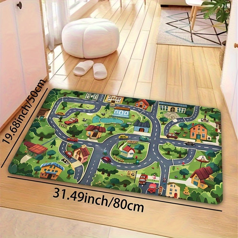 Green cartoon village design carpet suitable for use in children's rooms, bathrooms, kitchens, living rooms, bedrooms, interior doors, and entryways. The carpet has a thickness of 8mm and can be machine washed. Ideal for adding a decorative touch to your