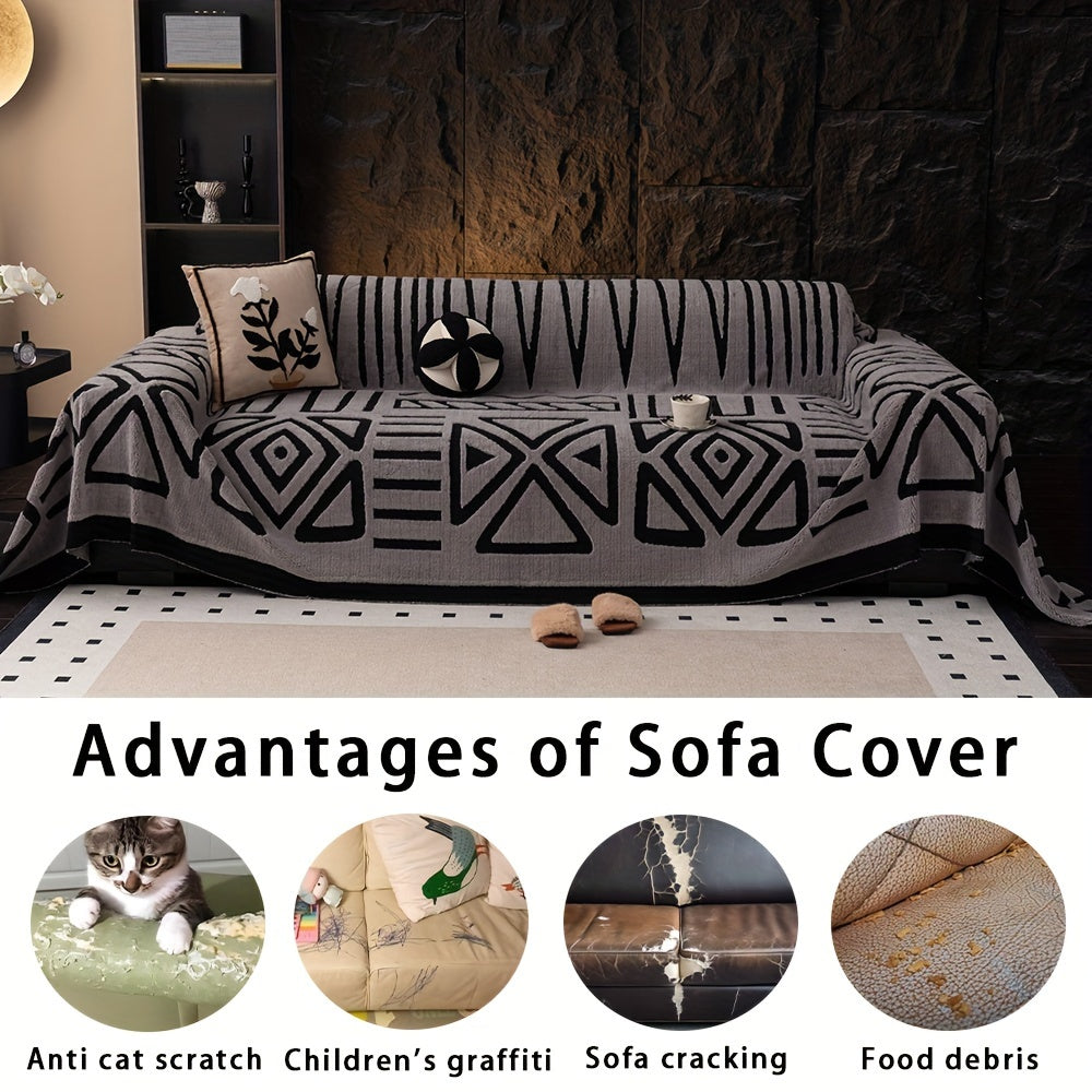 Boho style geometric sofa throw with velveteen fabric. Machine washable cover is anti-dirt, anti-slip, and pet-friendly. Made of 100% polyester for various sofa sizes.