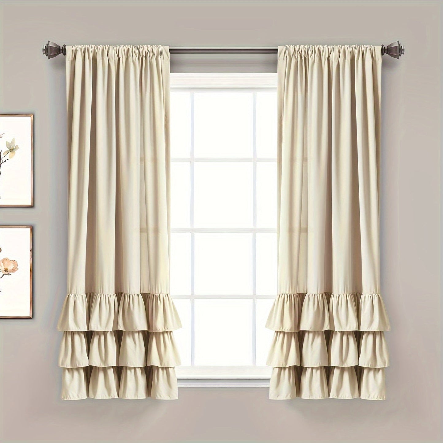 Two heavy-duty pleated lace window curtains for living room decoration. Each curtain measures 132.08cm wide by 213.36cm tall.