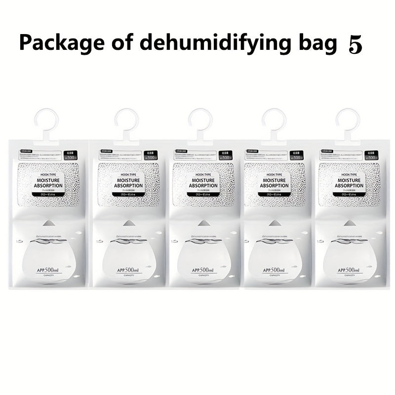 Pack of 5 hanging dehumidifiers for closets, bedrooms, and bathrooms. Moisture-absorbing bags designed for hanging.