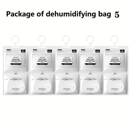 Pack of 5 hanging dehumidifiers for closets, bedrooms, and bathrooms. Moisture-absorbing bags designed for hanging.