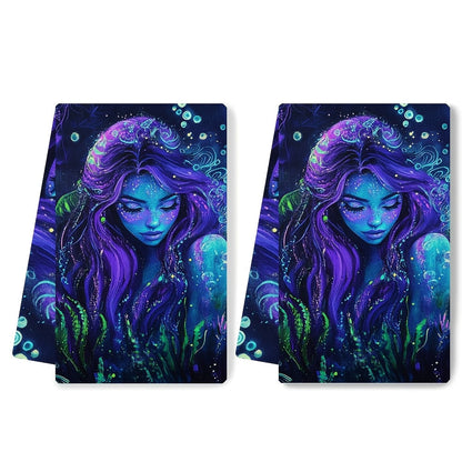 Set of 2 Ultra Soft Kitchen Towels featuring an Enchanting Siren Neon Blacklight Design. These towels are Highly Absorbent, Machine Washable, and measure 40.64x60.96 cm. Perfect for Coastal Decor and Holiday Celebrations. Great for use as Dish Hand