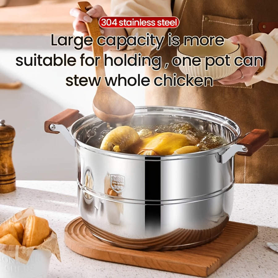 This 304 Stainless Steel Three-layer Steamer set includes 5 pieces with a double bottom design. It features a thick soup pot, a steamer rack, a pot lid, and two steaming trays. The set also includes counter-scald wooden handles for safety. This steamer