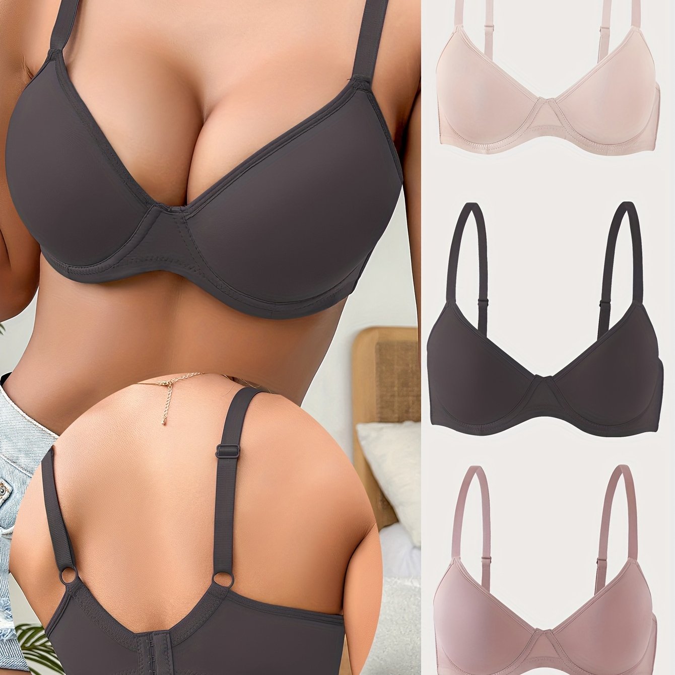 Simple Solid Seamless Bra Set, Comfortable Push-Up Lingerie for Women.