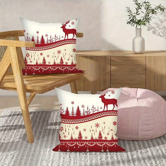 Two-piece set of festive Merry Christmas throw pillow covers. These covers are made from soft and comfortable material, making them perfect for enhancing the decor of your living room, bedroom, or car. Each cover is square-shaped and measures 45.72x45.72