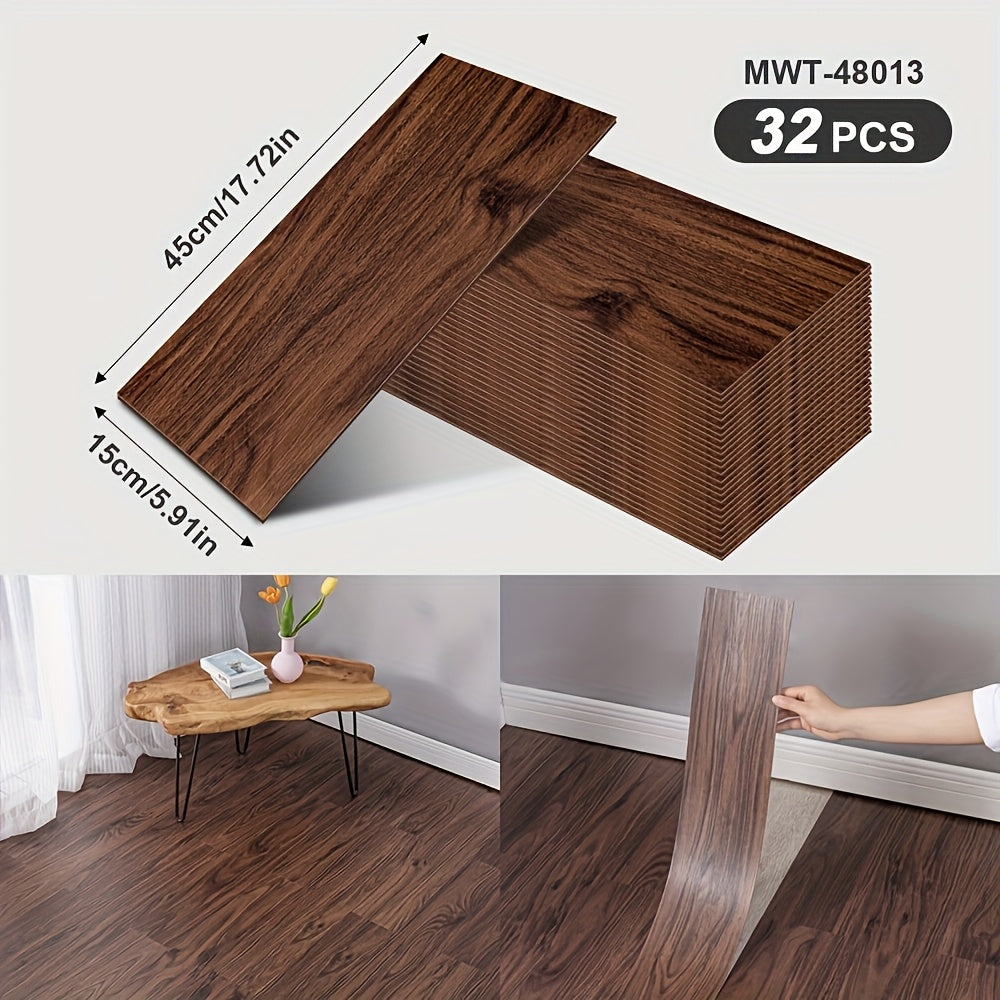 32 peel and paste floor tiles with wood grain design, 45cmx15cm, self-adhesive, waterproof, suitable for bedroom and home decor.