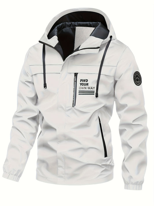 Men's Hooded Jacket with Stylish Letter Pattern, Zip-Up design, Pockets, and Machine Washable.