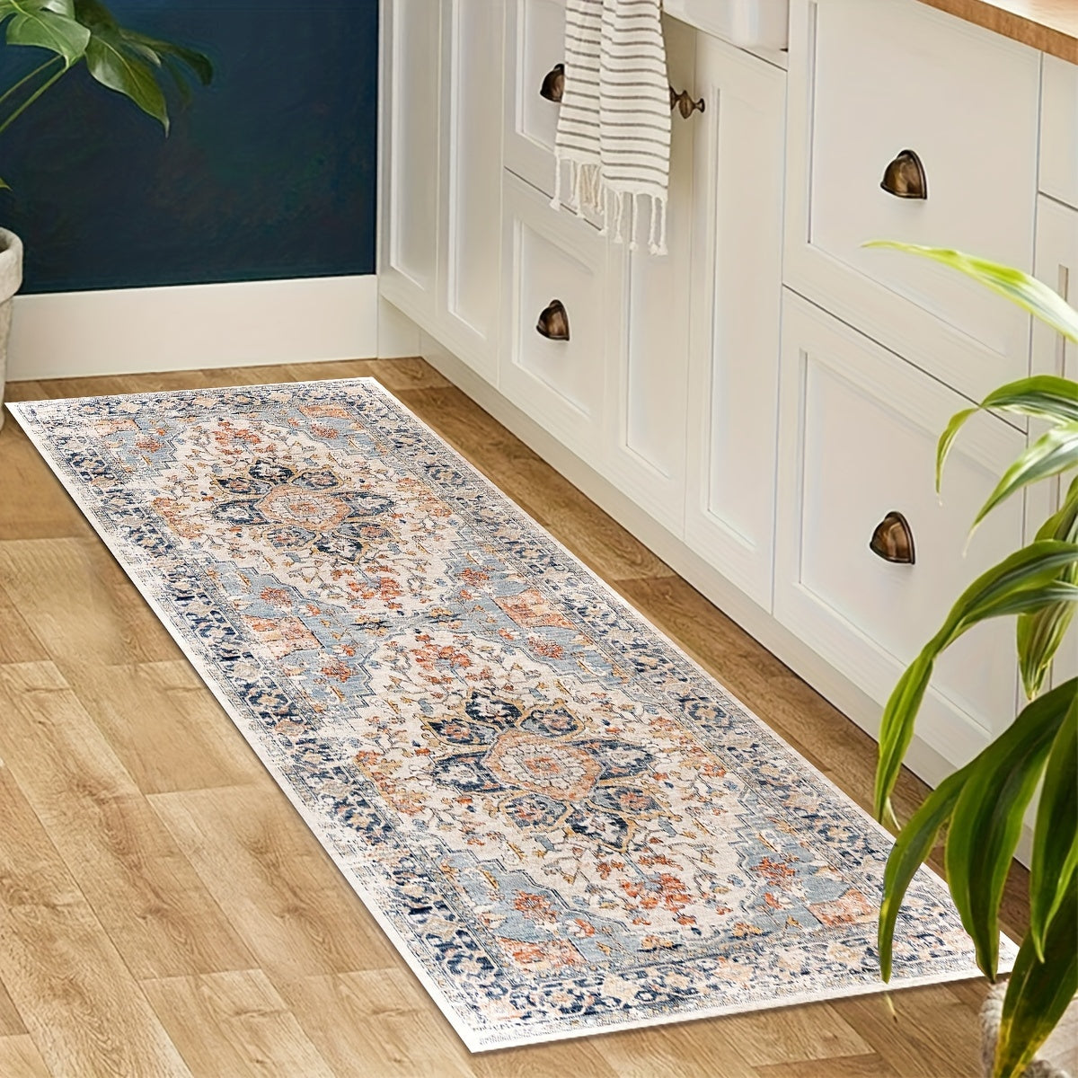 Lightweight Bohemian Light Blue Paisley Pattern Comfort Mat with Non-Slip PVC Backing - Machine Washable Polyester Kitchen Rug | Braided Weave, Medium Pile | Decorative Anti-Fatigue Runner for Kitchen, Dining, Laundry Room - Under 2.16m², Shortest Side