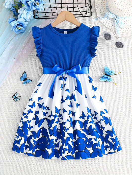 Two-piece set with butterfly print patchwork dress and belt for summer girls, featuring ribbed seamless wood ear cuff sleeves.